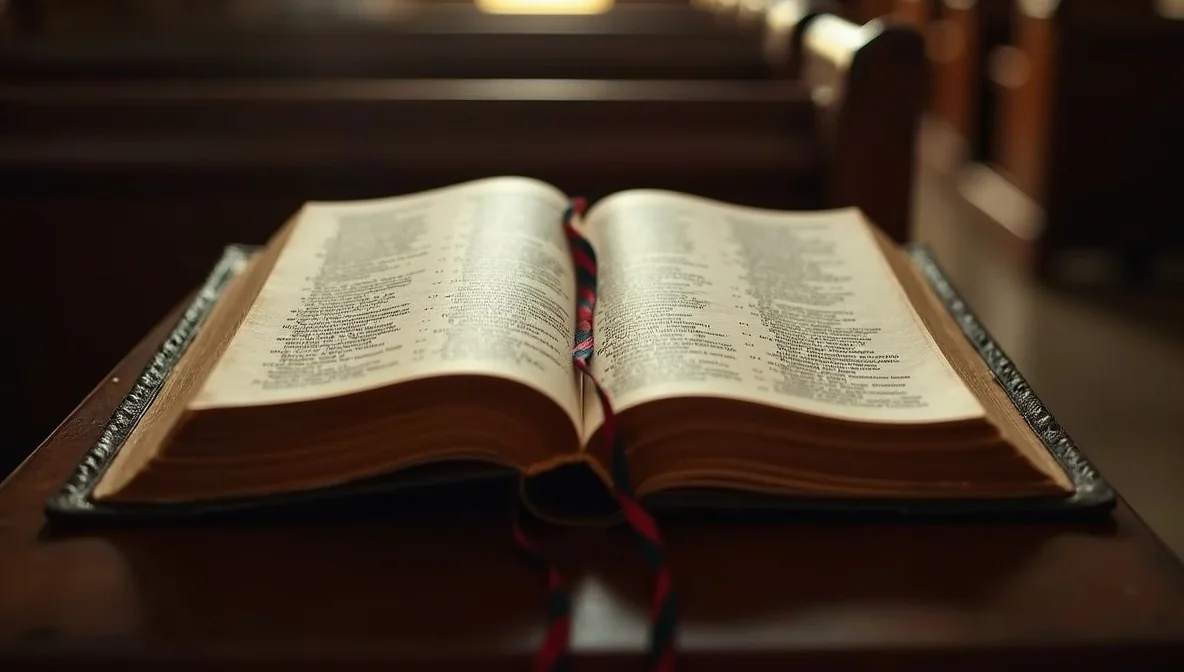 An open Book of Common Prayer resting on a church pew